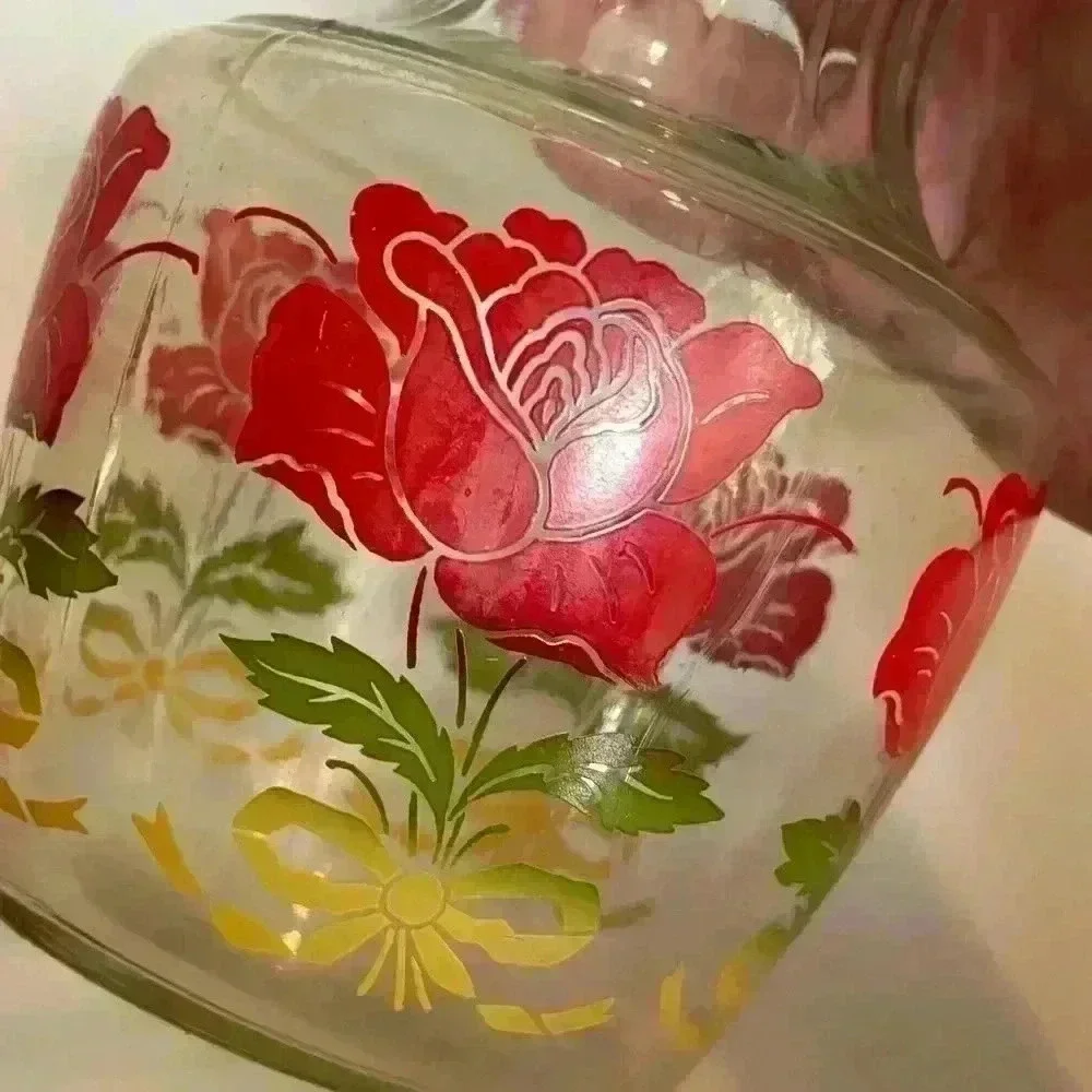 Vintage Anchor Hocking red roses  carafe / juice pitcher - Picture 2 of 7